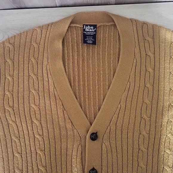 🛍John Blair Vintage Mens Camel Cable Knit Long Sleeve Grandpa Sweater Size MRG - Picture 5 of 7
